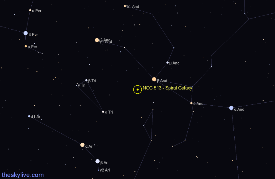 Finder chart NGC 513 - Spiral Galaxy in Andromeda star