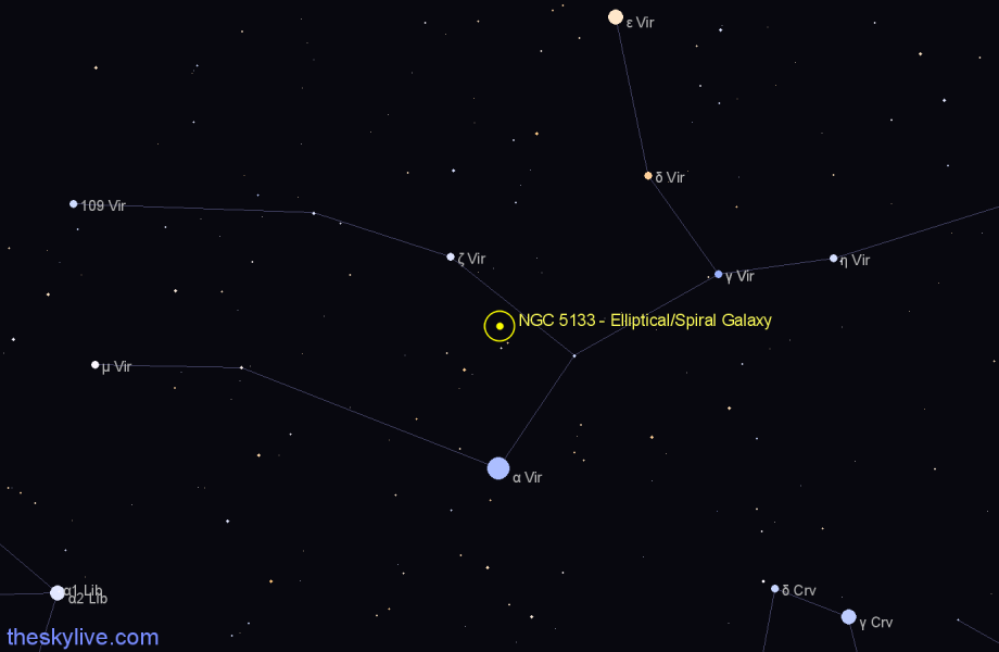 Finder chart NGC 5133 - Elliptical/Spiral Galaxy in Virgo star