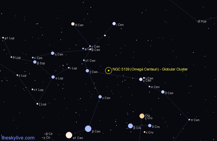 Finder chart NGC 5139 (Omega Centauri) - Globular Cluster in Centaurus star