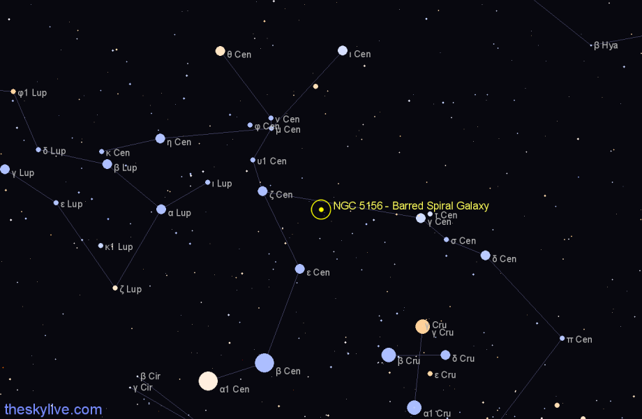 Finder chart NGC 5156 - Barred Spiral Galaxy in Centaurus star