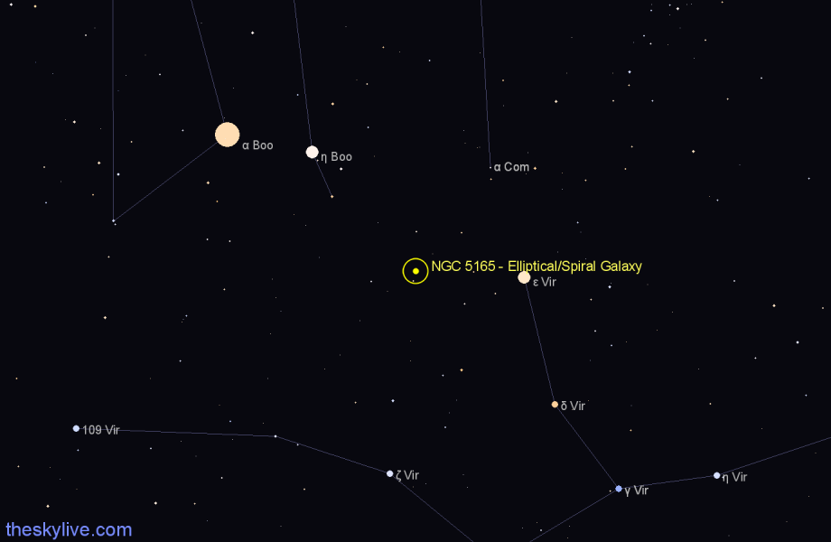 Finder chart NGC 5165 - Elliptical/Spiral Galaxy in Virgo star