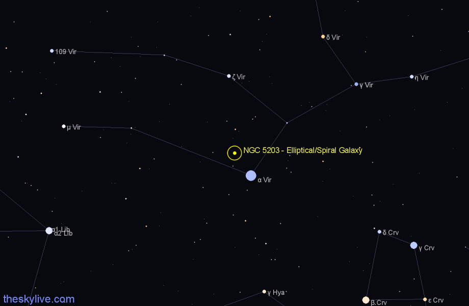 Finder chart NGC 5203 - Elliptical/Spiral Galaxy in Virgo star