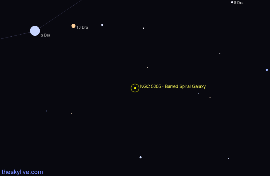 Finder chart NGC 5205 - Barred Spiral Galaxy in Ursa Major star