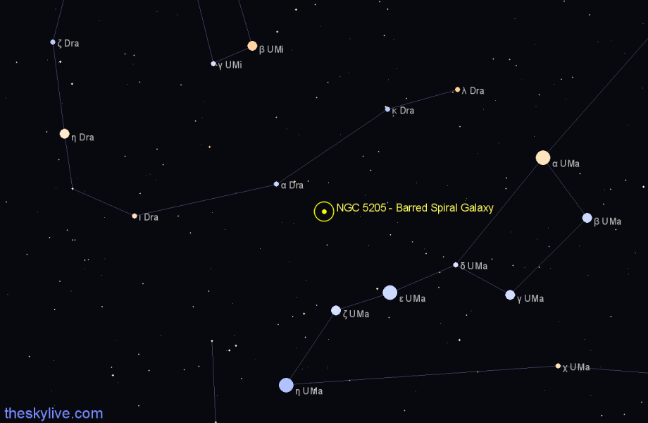 Finder chart NGC 5205 - Barred Spiral Galaxy in Ursa Major star