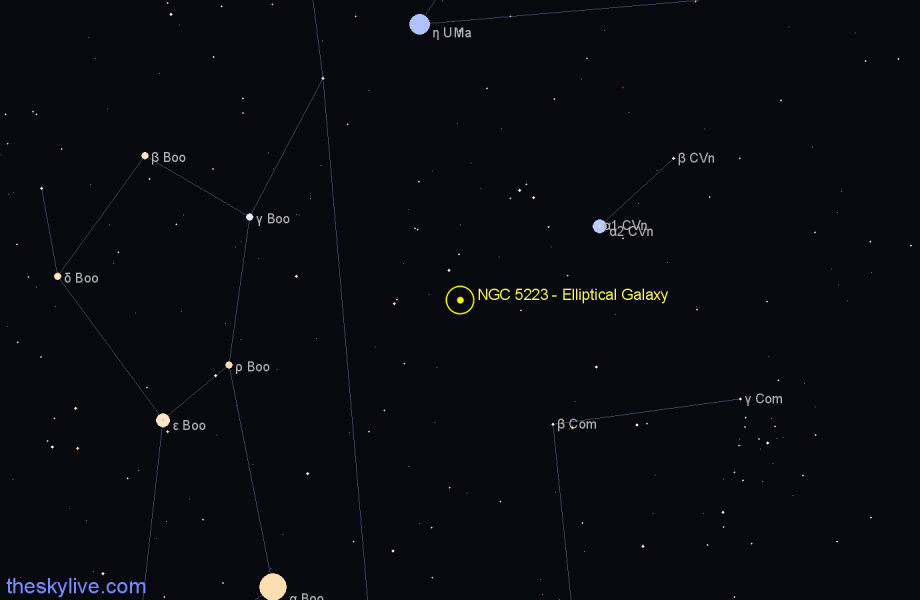 Finder chart NGC 5223 - Elliptical Galaxy in Canes Venatici star