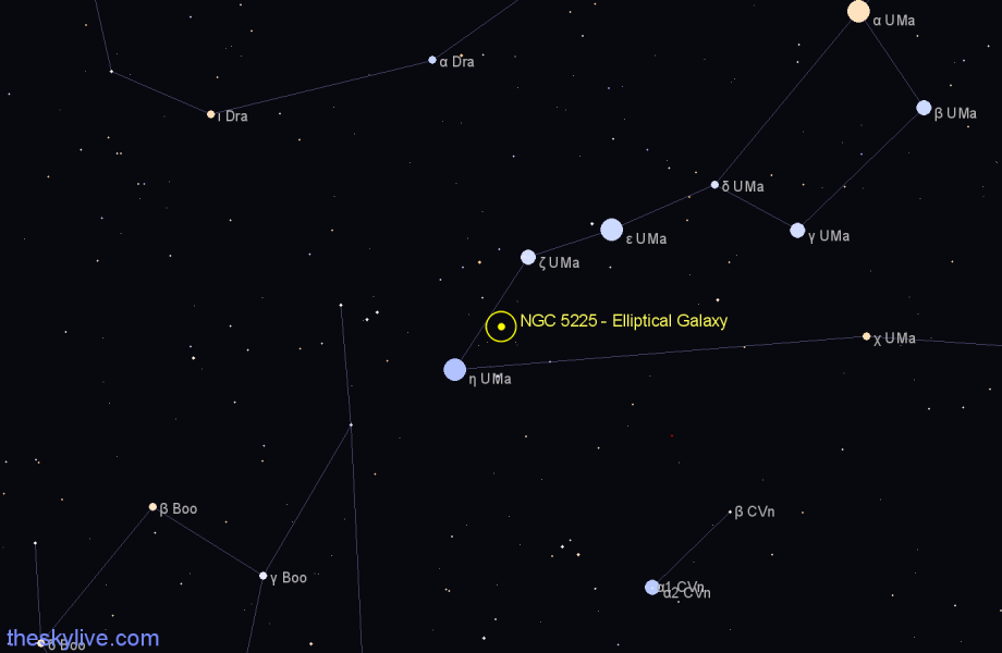 Finder chart NGC 5225 - Elliptical Galaxy in Canes Venatici star