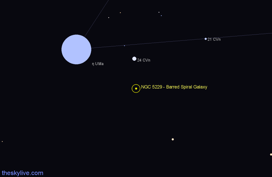 Finder chart NGC 5229 - Barred Spiral Galaxy in Canes Venatici star