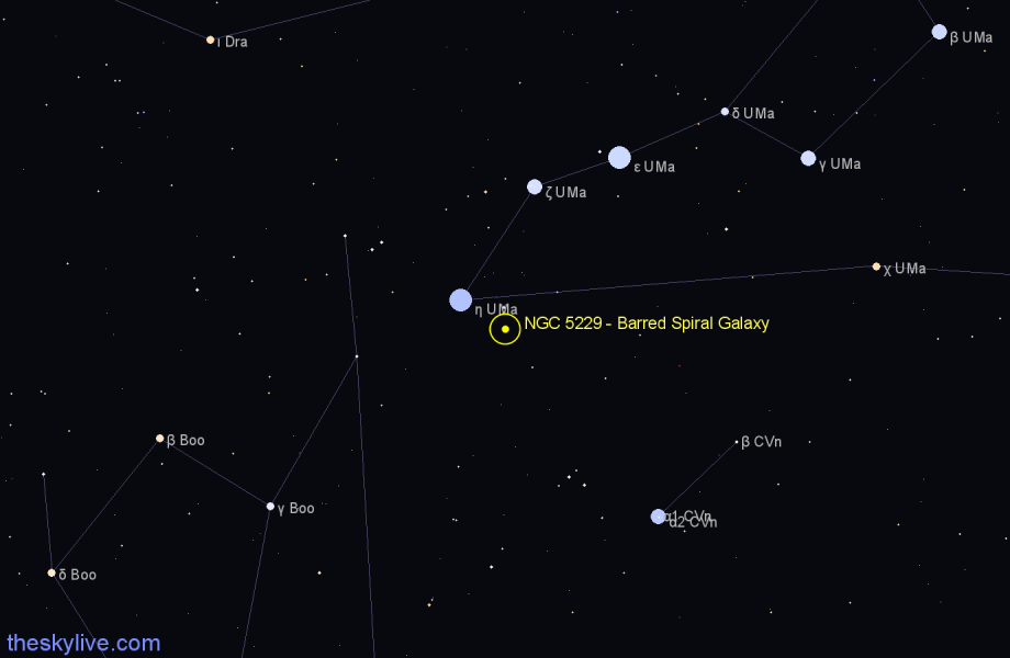 Finder chart NGC 5229 - Barred Spiral Galaxy in Canes Venatici star