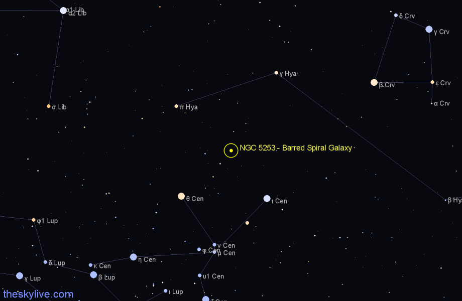 Finder chart NGC 5253 - Barred Spiral Galaxy in Centaurus star