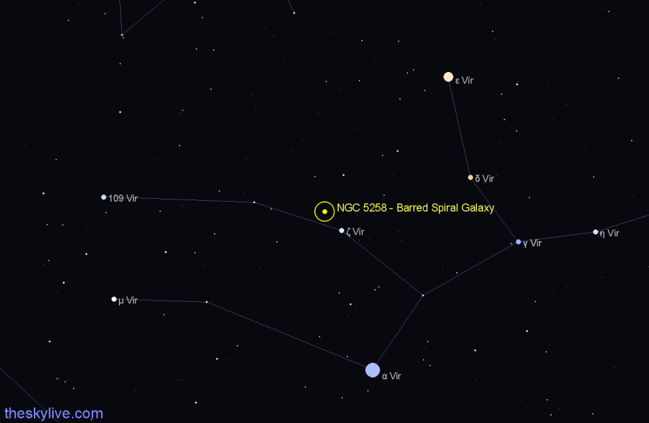 Finder chart NGC 5258 - Barred Spiral Galaxy in Virgo star