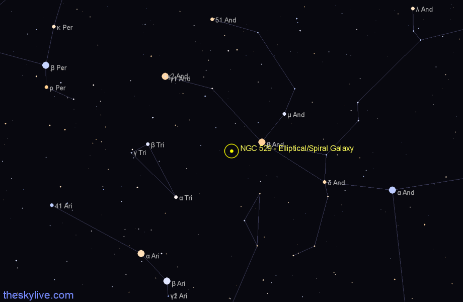 Finder chart NGC 529 - Elliptical/Spiral Galaxy in Andromeda star