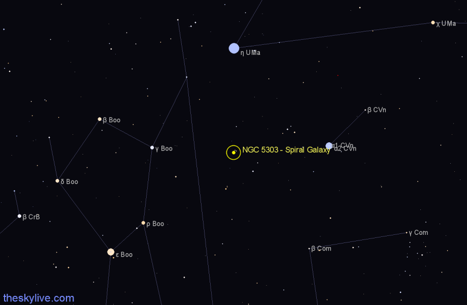 Finder chart NGC 5303 - Spiral Galaxy in Canes Venatici star