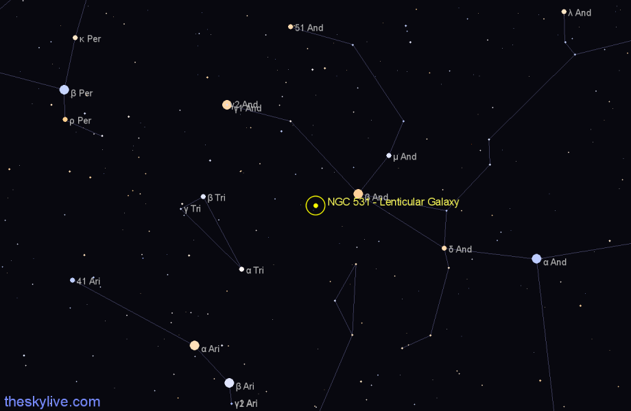 Finder chart NGC 531 - Lenticular Galaxy in Andromeda star