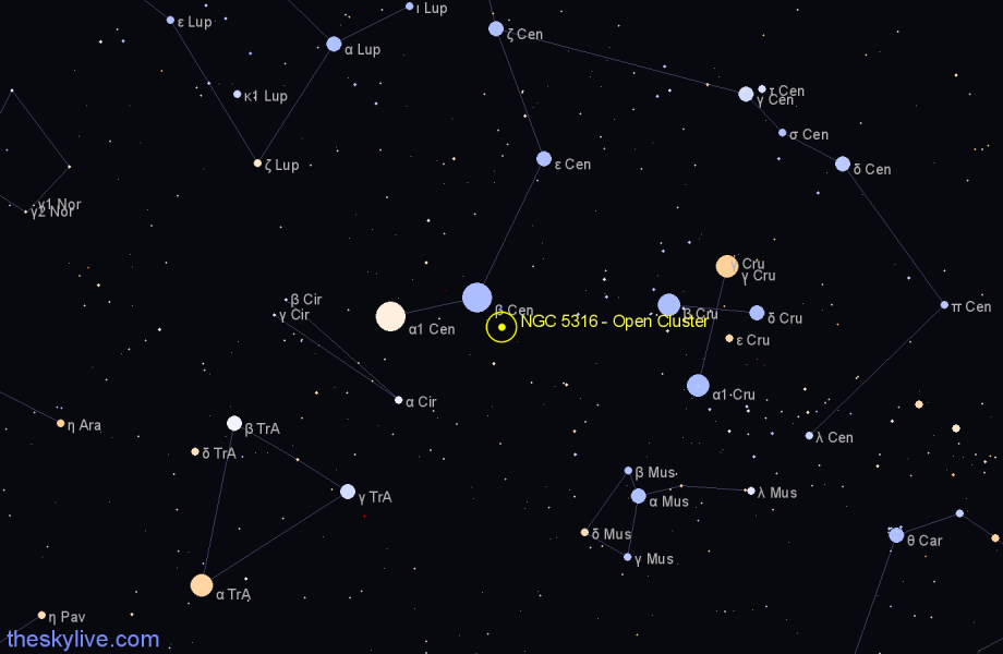 Finder chart NGC 5316 - Open Cluster in Centaurus star