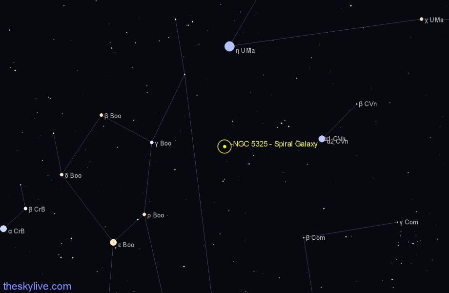 Finder chart NGC 5325 - Spiral Galaxy in Canes Venatici star