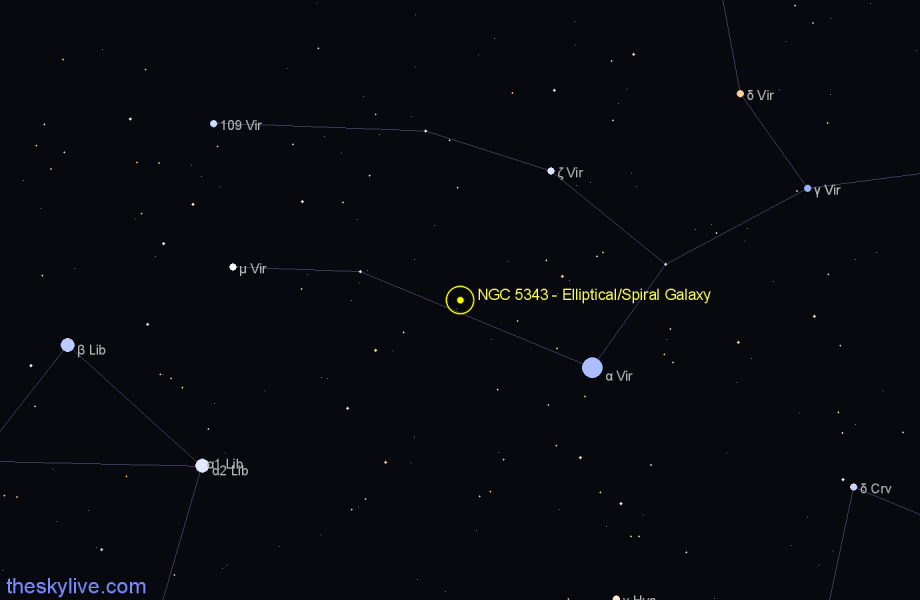 Finder chart NGC 5343 - Elliptical/Spiral Galaxy in Virgo star