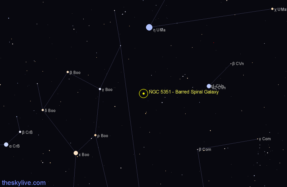 Finder chart NGC 5351 - Barred Spiral Galaxy in Canes Venatici star