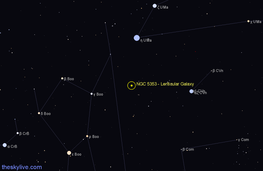 Finder chart NGC 5353 - Lenticular Galaxy in Canes Venatici star