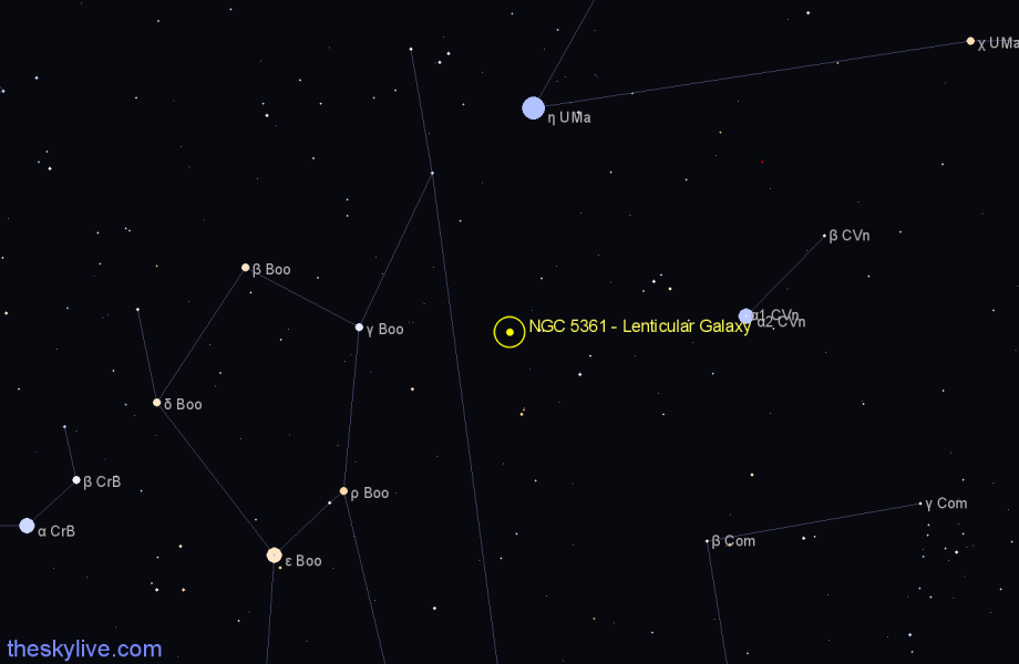 Finder chart NGC 5361 - Lenticular Galaxy in Canes Venatici star