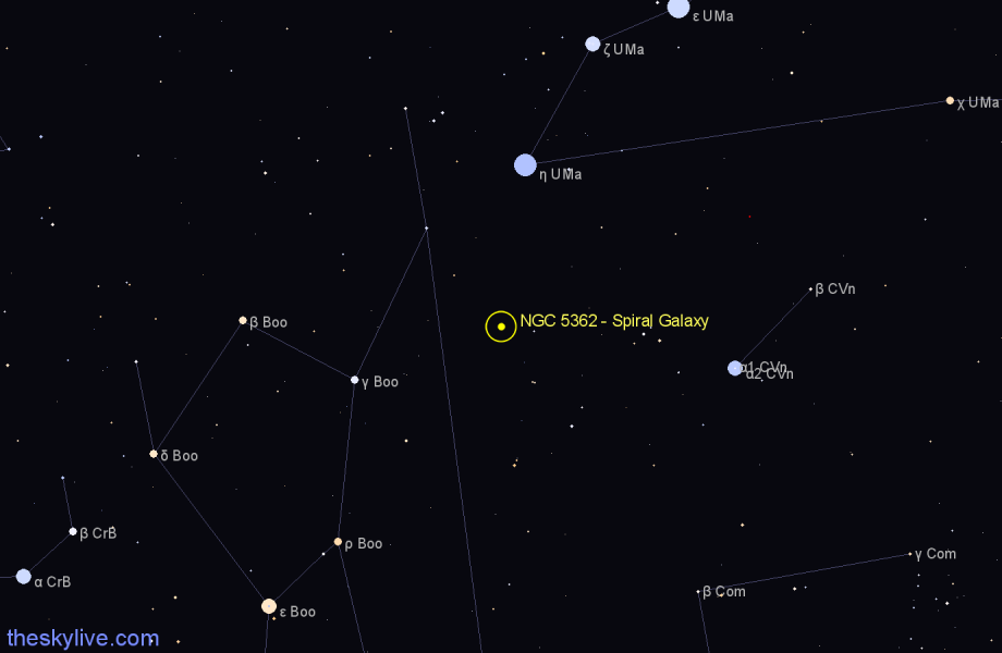 Finder chart NGC 5362 - Spiral Galaxy in Canes Venatici star