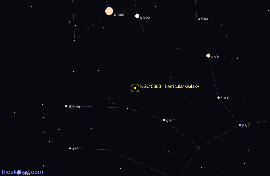 Finder chart NGC 5363 - Lenticular Galaxy in Virgo star