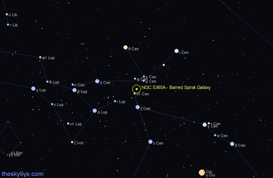 Finder chart NGC 5365A - Barred Spiral Galaxy in Centaurus star