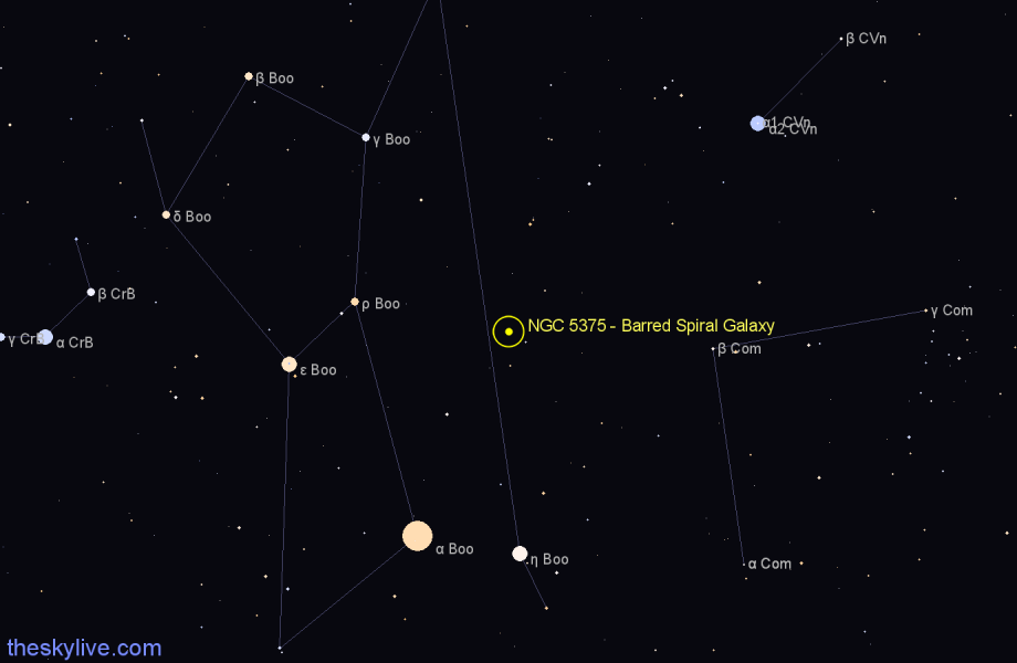 Finder chart NGC 5375 - Barred Spiral Galaxy in Canes Venatici star