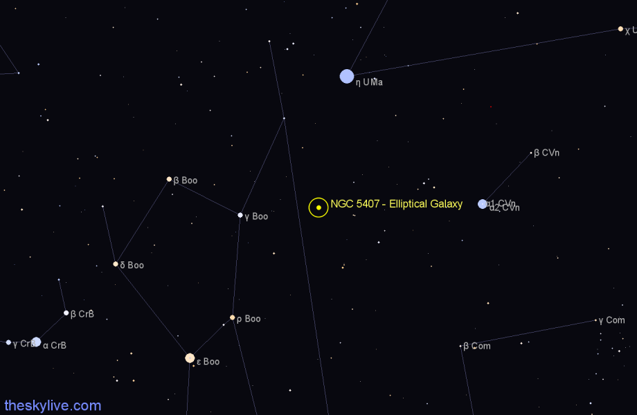 Finder chart NGC 5407 - Elliptical Galaxy in Canes Venatici star