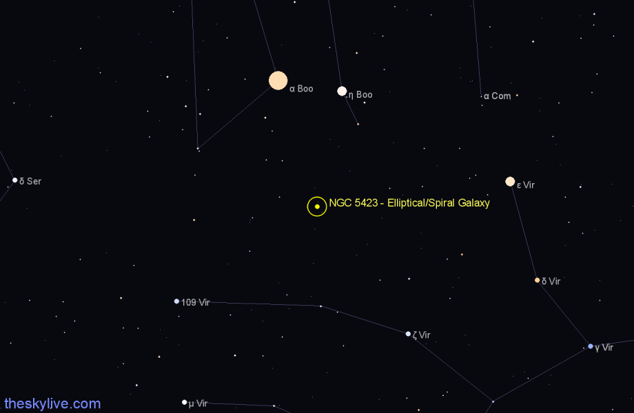 Finder chart NGC 5423 - Elliptical/Spiral Galaxy in Boötes star