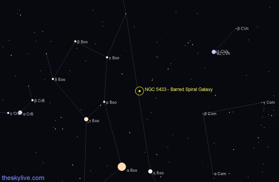 Finder chart NGC 5433 - Barred Spiral Galaxy in Canes Venatici star