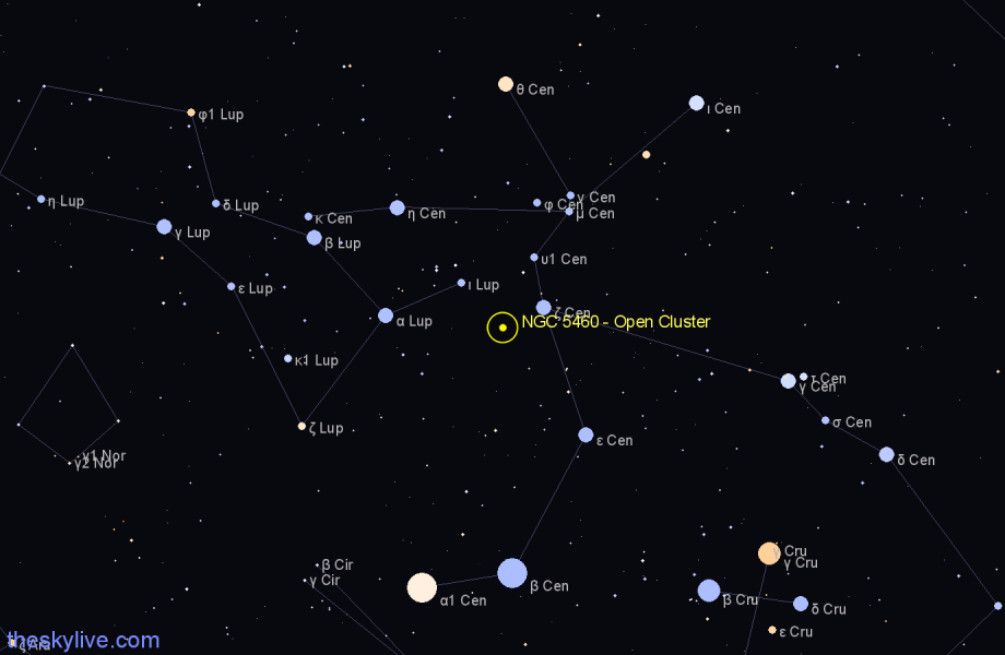 Finder chart NGC 5460 - Open Cluster in Centaurus star