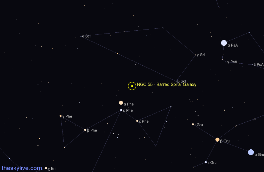 Finder chart NGC 55 - Barred Spiral Galaxy in Sculptor star