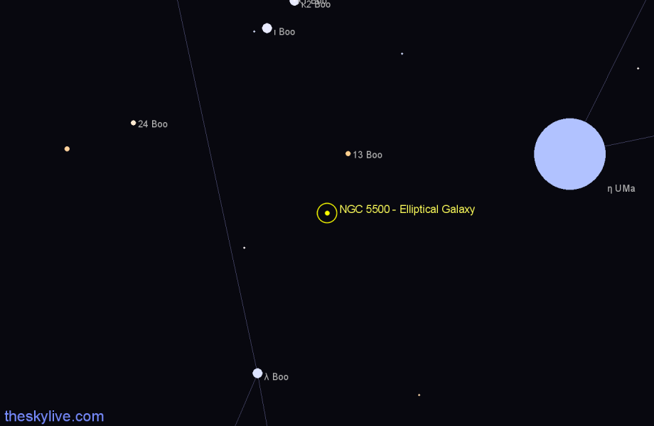 Finder chart NGC 5500 - Elliptical Galaxy in Boötes star