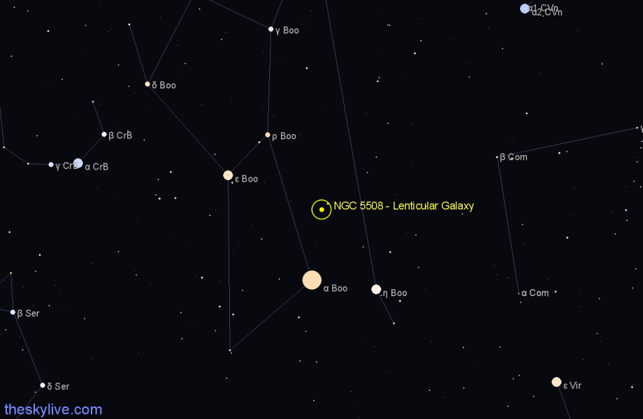 Finder chart NGC 5508 - Lenticular Galaxy in Boötes star