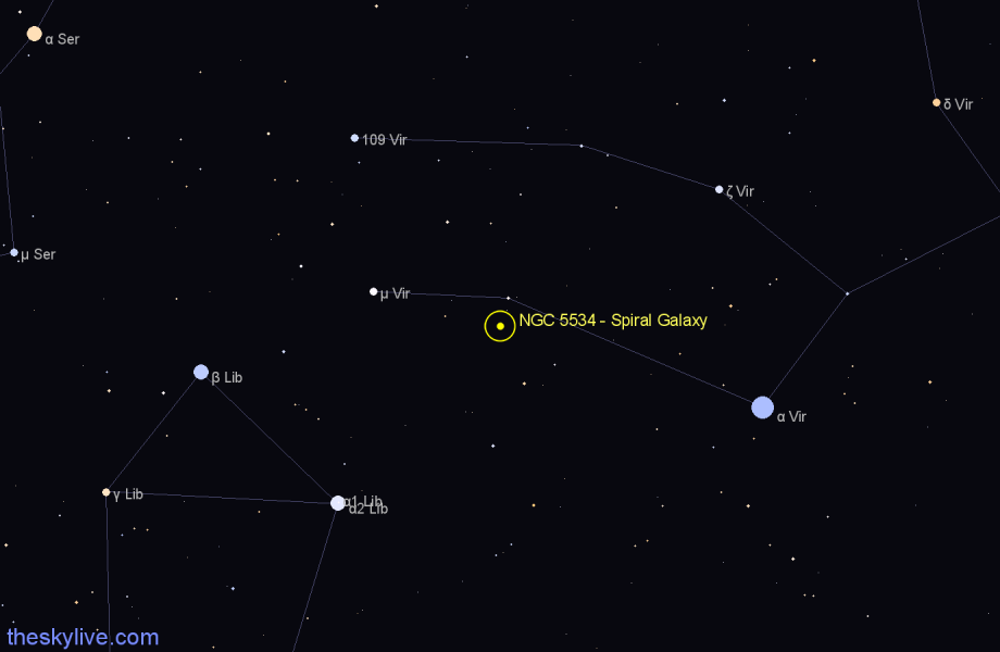 Finder chart NGC 5534 - Spiral Galaxy in Virgo star