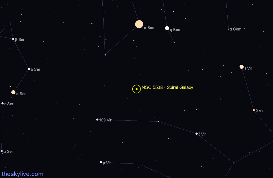 Finder chart NGC 5538 - Spiral Galaxy in Virgo star