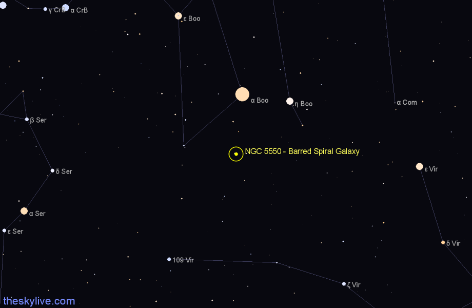 Finder chart NGC 5550 - Barred Spiral Galaxy in Boötes star