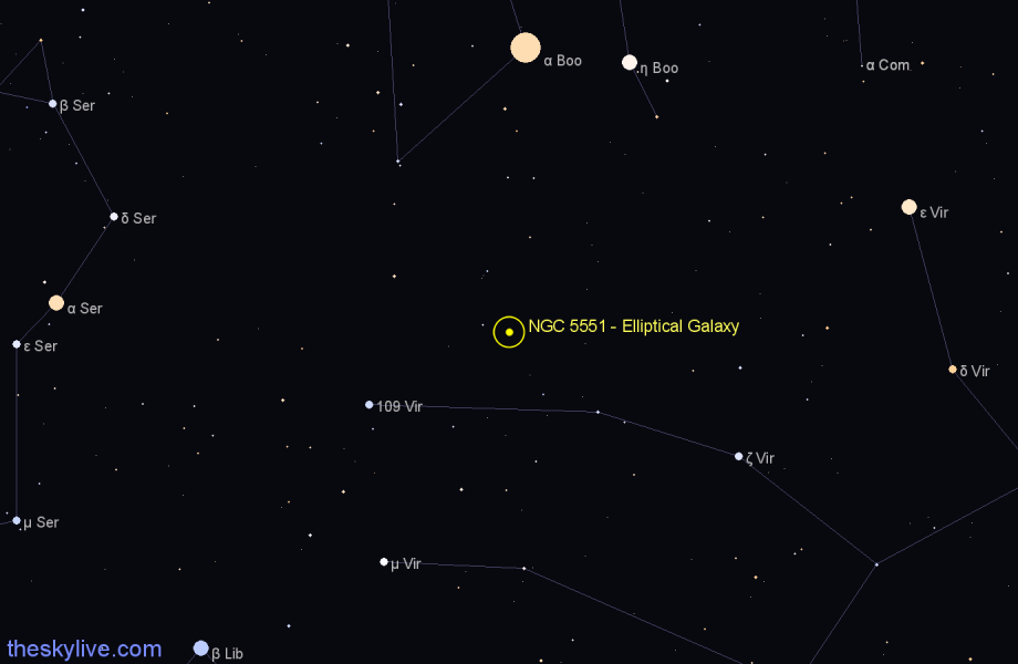 Finder chart NGC 5551 - Elliptical Galaxy in Virgo star