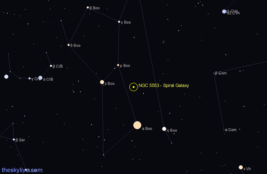 Finder chart NGC 5553 - Spiral Galaxy in Boötes star