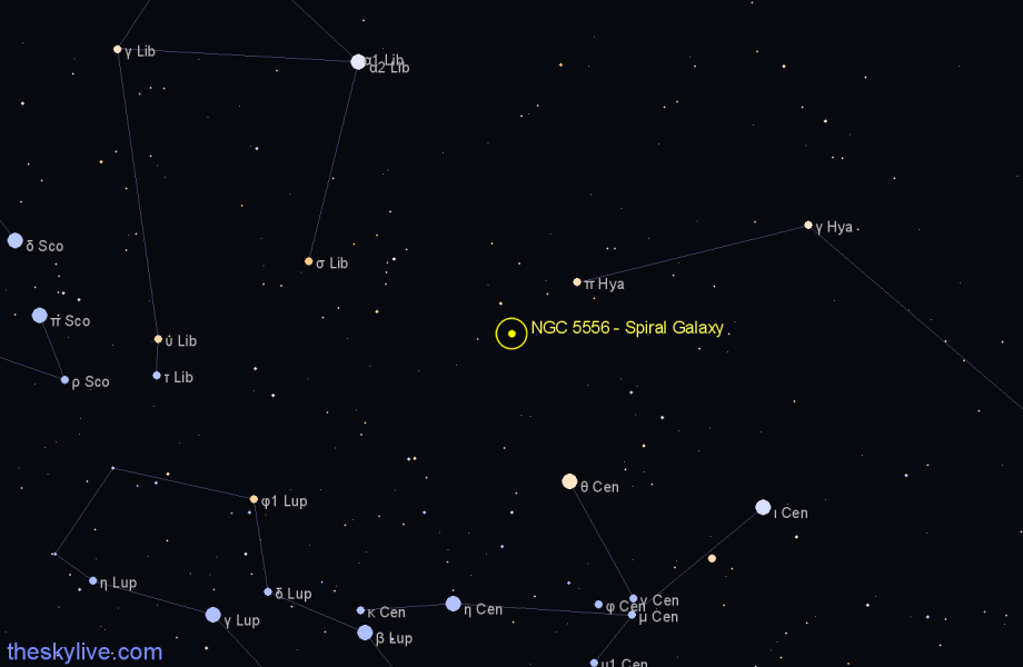 Finder chart NGC 5556 - Spiral Galaxy in Hydra star