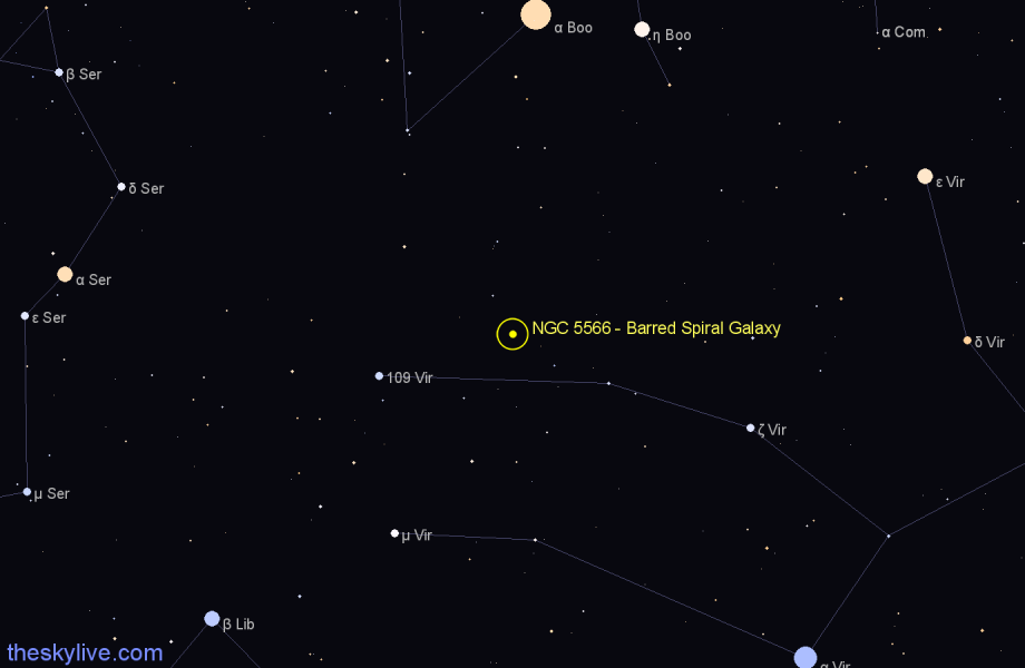 Finder chart NGC 5566 - Barred Spiral Galaxy in Virgo star