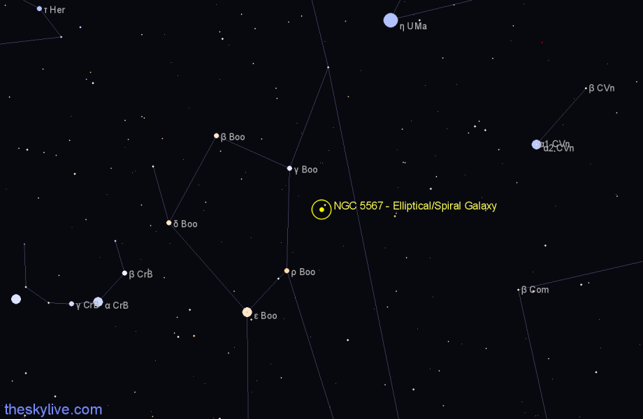 Finder chart NGC 5567 - Elliptical/Spiral Galaxy in Boötes star