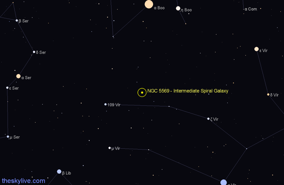 Finder chart NGC 5569 - Intermediate Spiral Galaxy in Virgo star