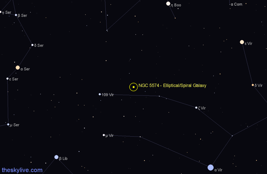 Finder chart NGC 5574 - Elliptical/Spiral Galaxy in Virgo star