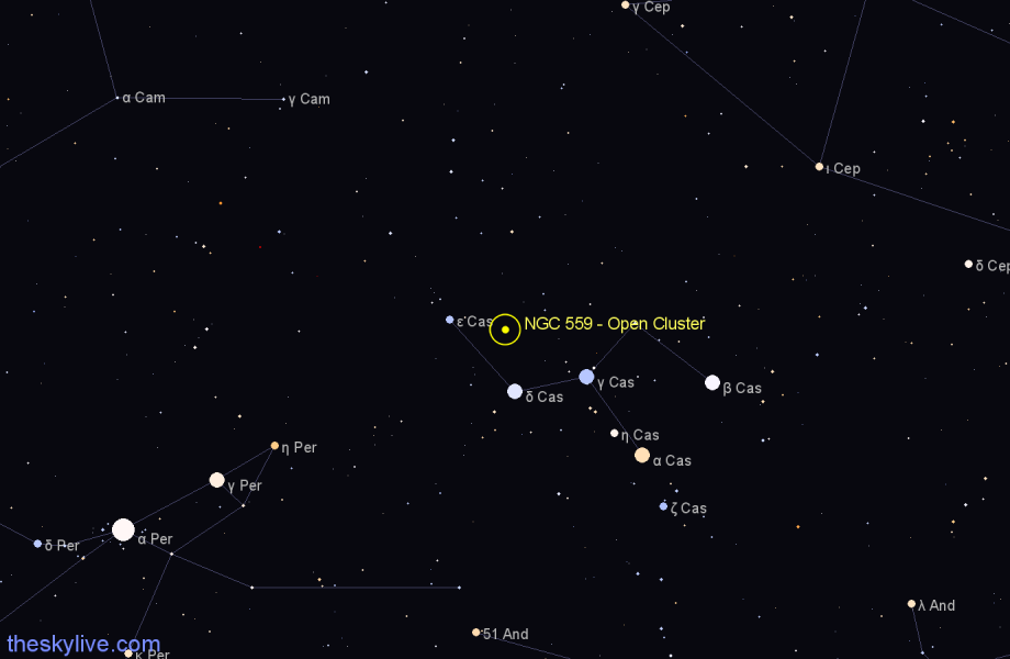 Finder chart NGC 559 - Open Cluster in Cassiopeia star