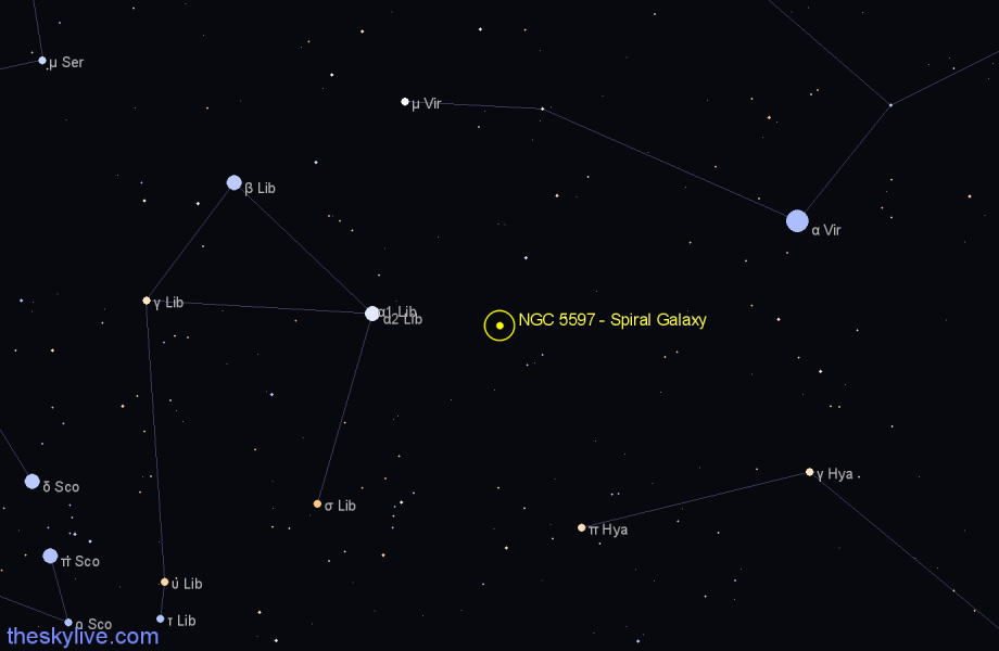 Finder chart NGC 5597 - Spiral Galaxy in Libra star