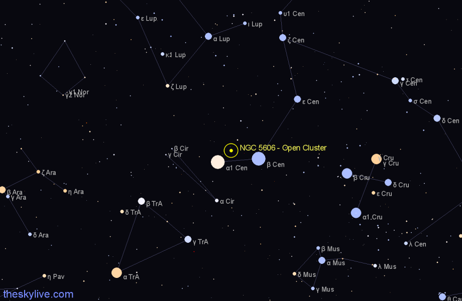 Finder chart NGC 5606 - Open Cluster in Centaurus star