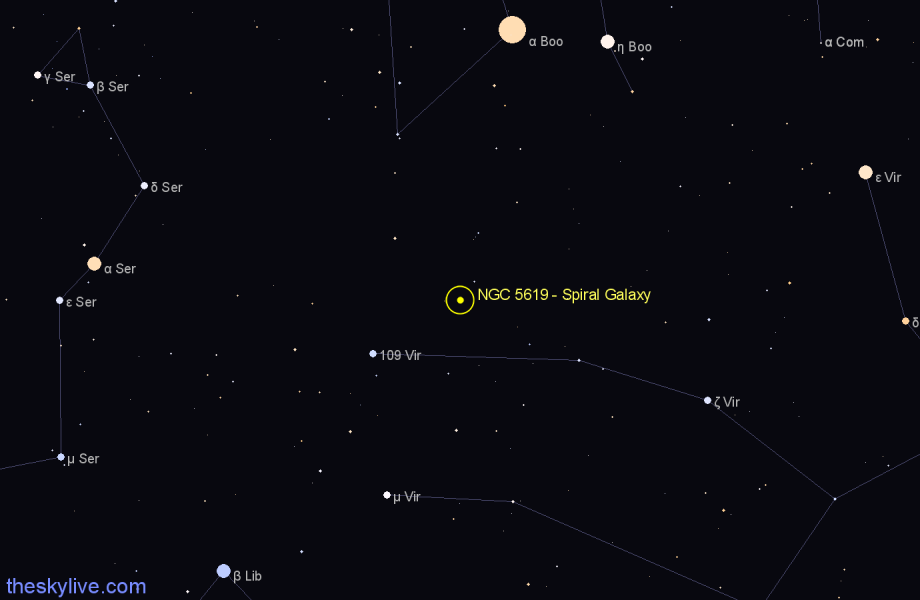 Finder chart NGC 5619 - Spiral Galaxy in Virgo star