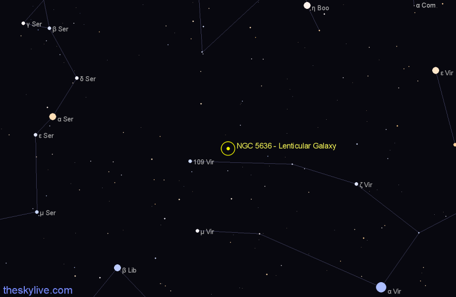 Finder chart NGC 5636 - Lenticular Galaxy in Virgo star