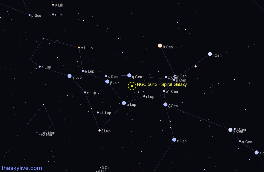 Finder chart NGC 5643 - Spiral Galaxy in Lupus star